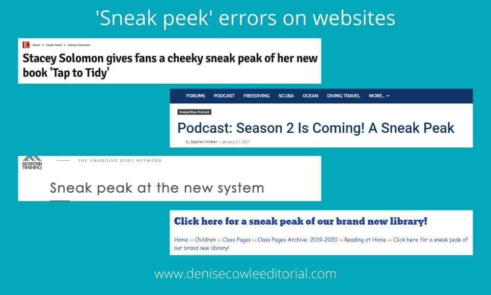 Examples of sneak peek in website headings, where peek is spelled P-E-A-K, which is incorrect.
